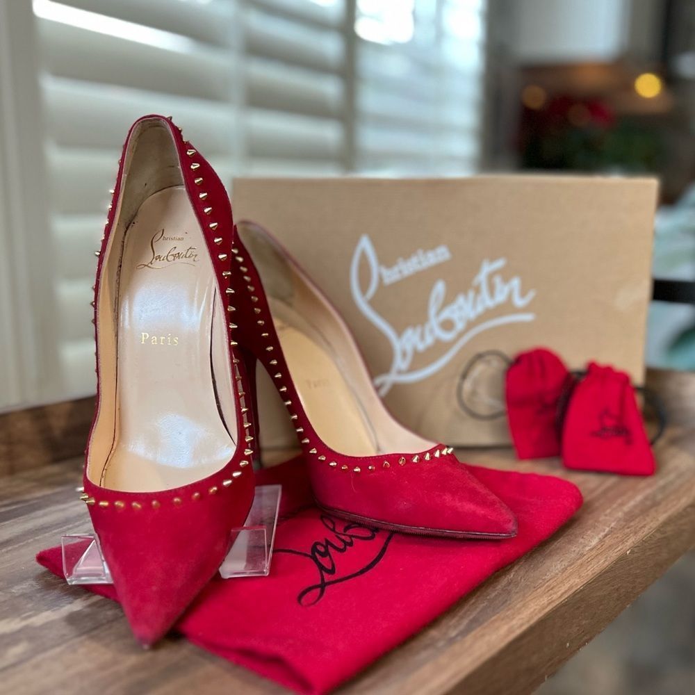 💯 AUTH Christian Louboutin Anjalina 100 pumps red in suede with gold spikes - Picture 6 of 15